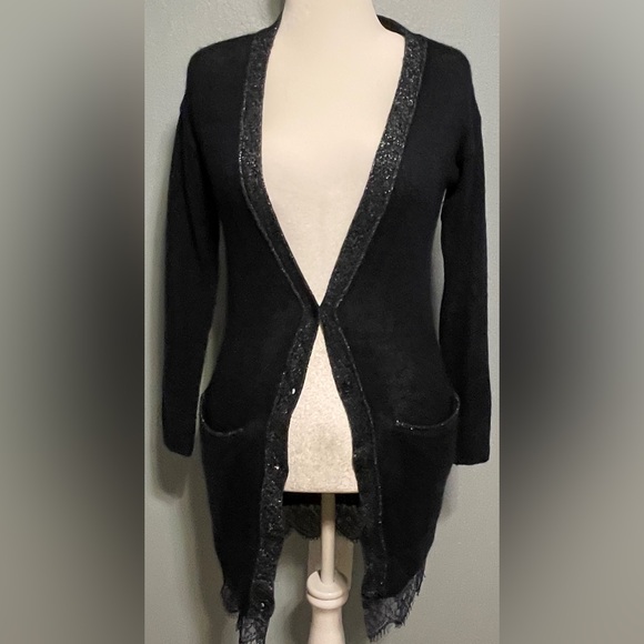 Lauren Conrad Blue Longline Cardigan Sweater Lace Trim Metallic Preppy Office XS - Picture 3 of 12